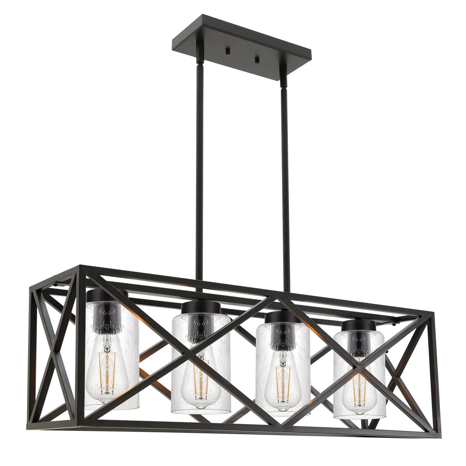 4-Lights Black Farmhouse Rectangle Chandelier Dining Room Light Fixtures, 30.4-Inches Length Contemporary Kitchen Island Pendant Lighting with Seeded Glass Lampshades