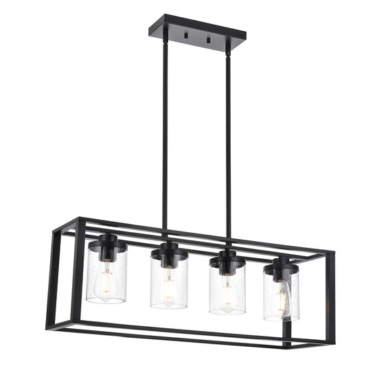 Dining Room Chandelier Lighting Fixtures with Seeded Glass, Linear Pendant Light in Matte Black Finish for Kitchen Island