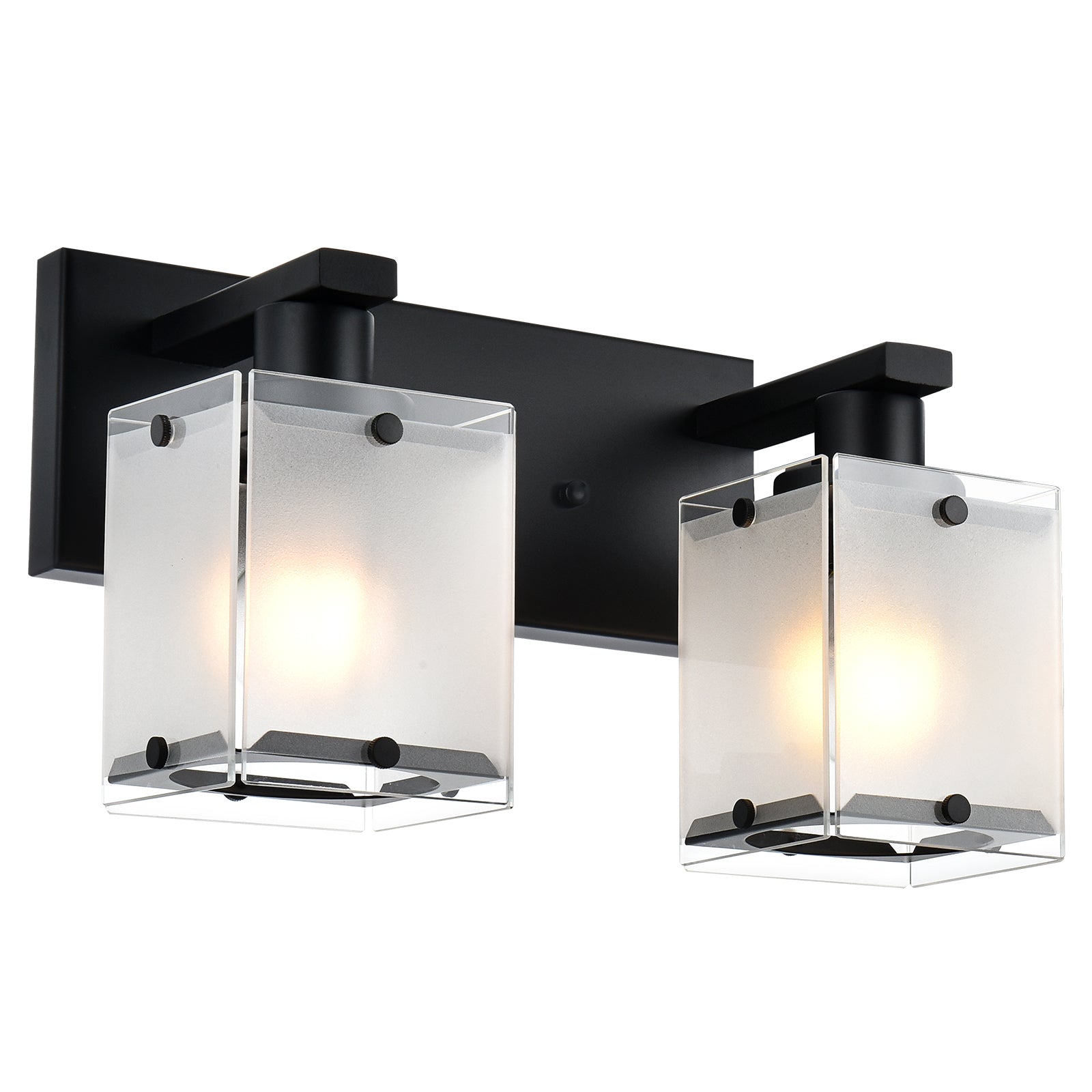 Black Wall Sconce Lighting, 2-Light Bathroom Vanity Light Fixture Wall Mount Lamp Over Mirror for Bedroom Bedside Studty Living Room, Rectangular Frosted Glass Shade