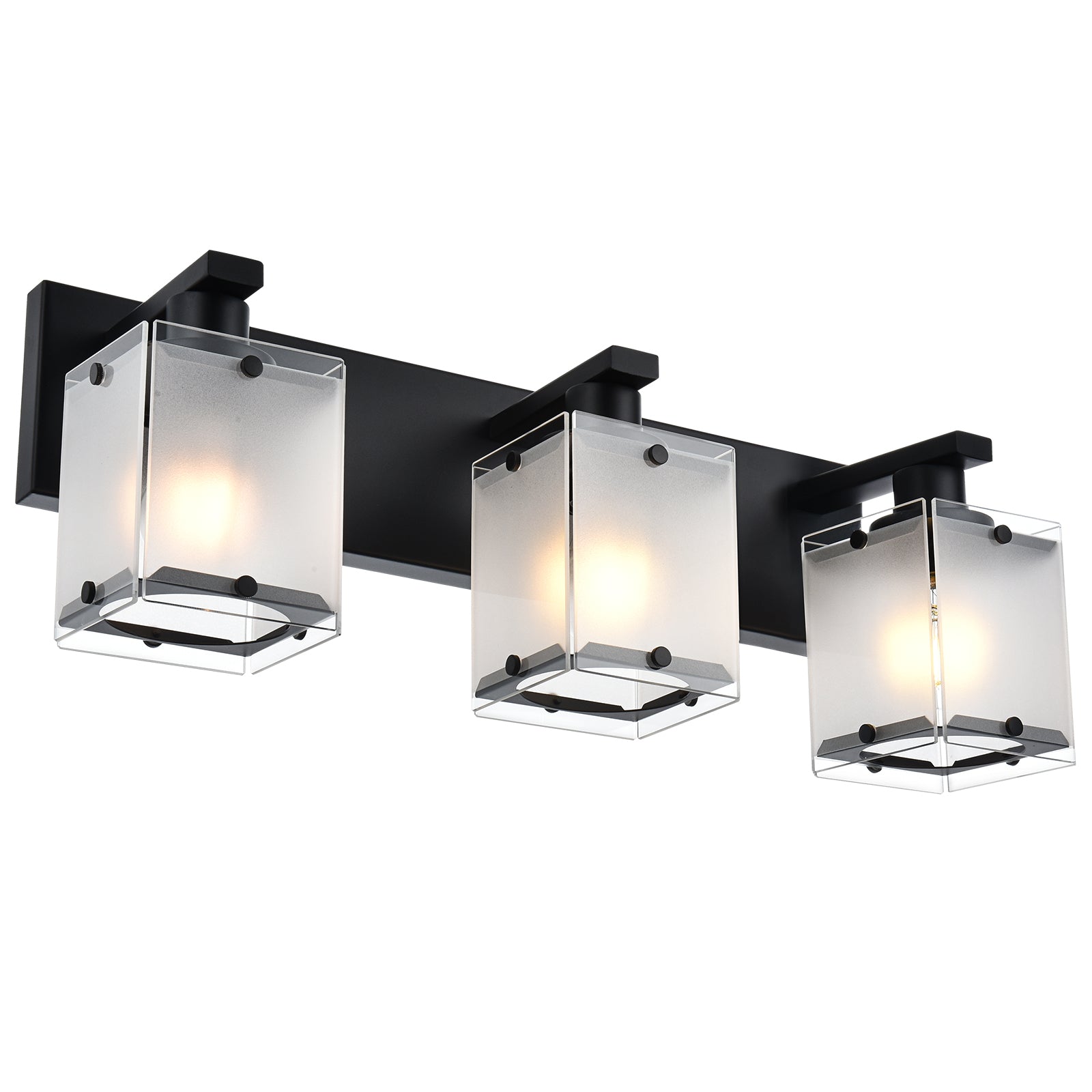 3-Lights Wall Sconce Lighting, Black Bathroom Vanity Light Fixture with Rectangular Frosted Glass for Over Mirror, E26 Bulb Base
