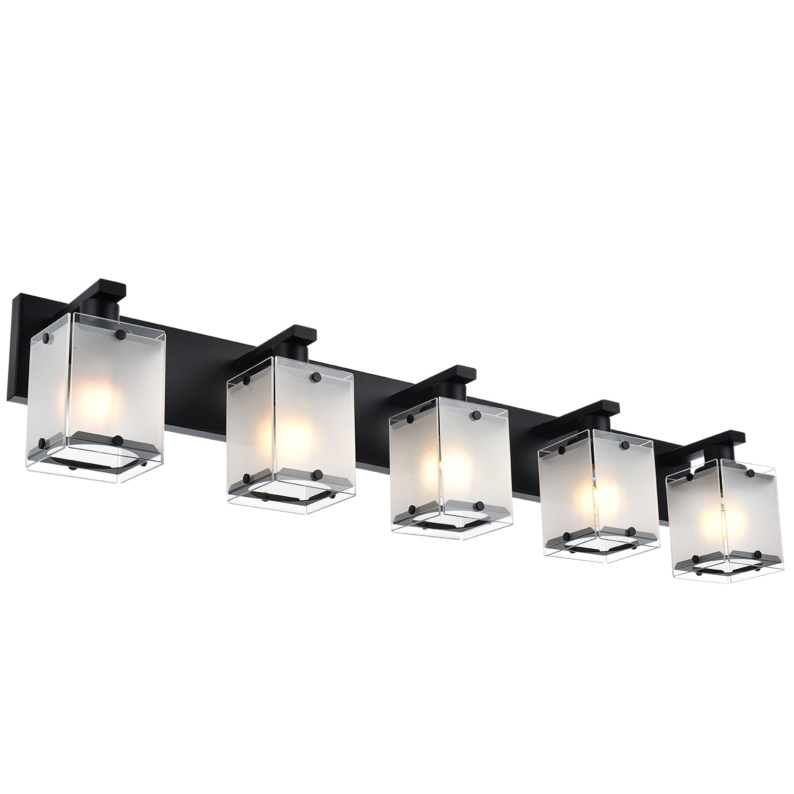 5-Lights Bathroom Light Fixtures, Matte Black Modern Vanity Lights with Rectangular Frosted Glass for Over Mirror Dressing Table, E26 Bulb Base