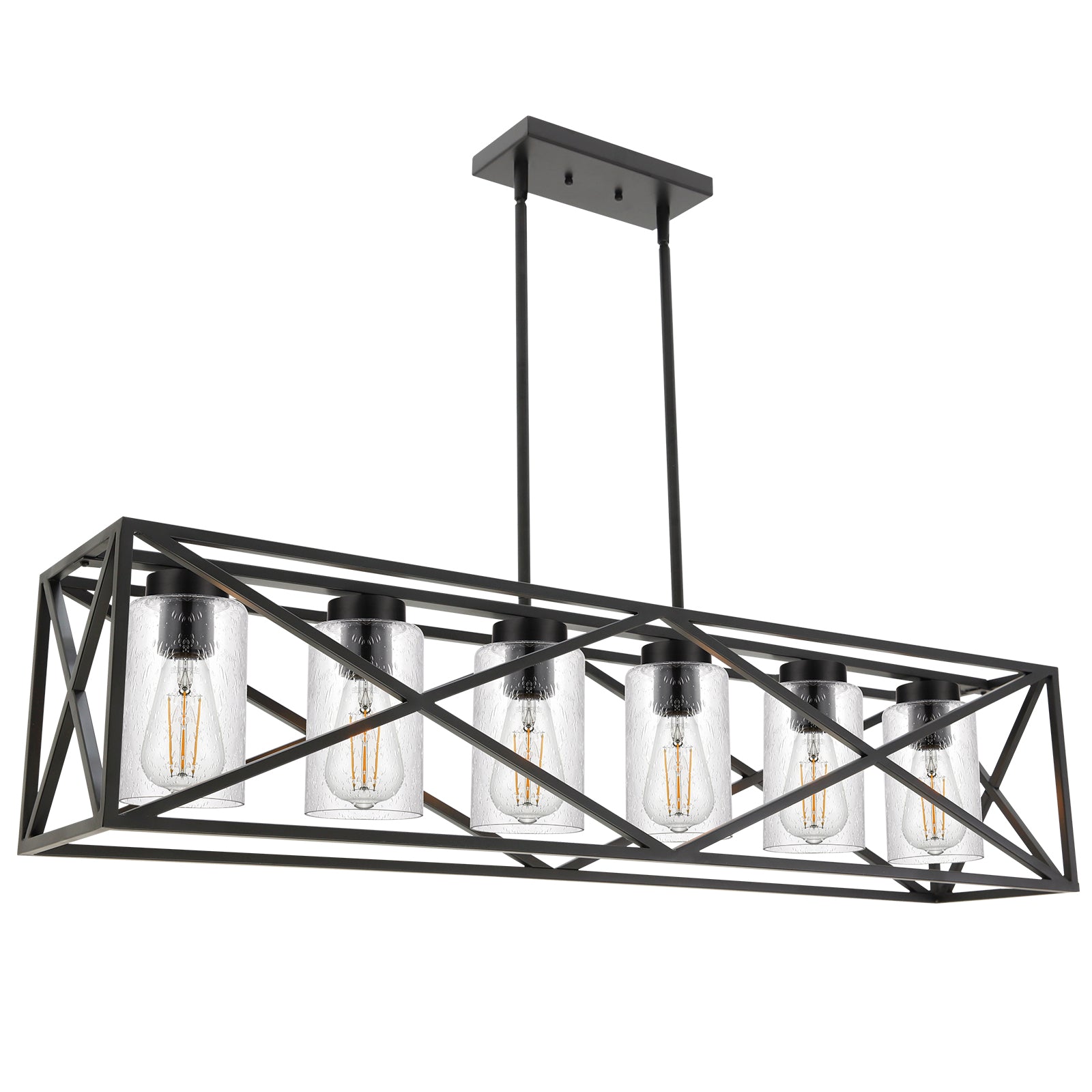Black 6-Lights Dining Room Lighting Fixtures Hanging with Seeded Glass Lampshades, 45.3-Inches Length Industrial Kitchen Island Pendant Light Chandelier for Pool Table Living Room
