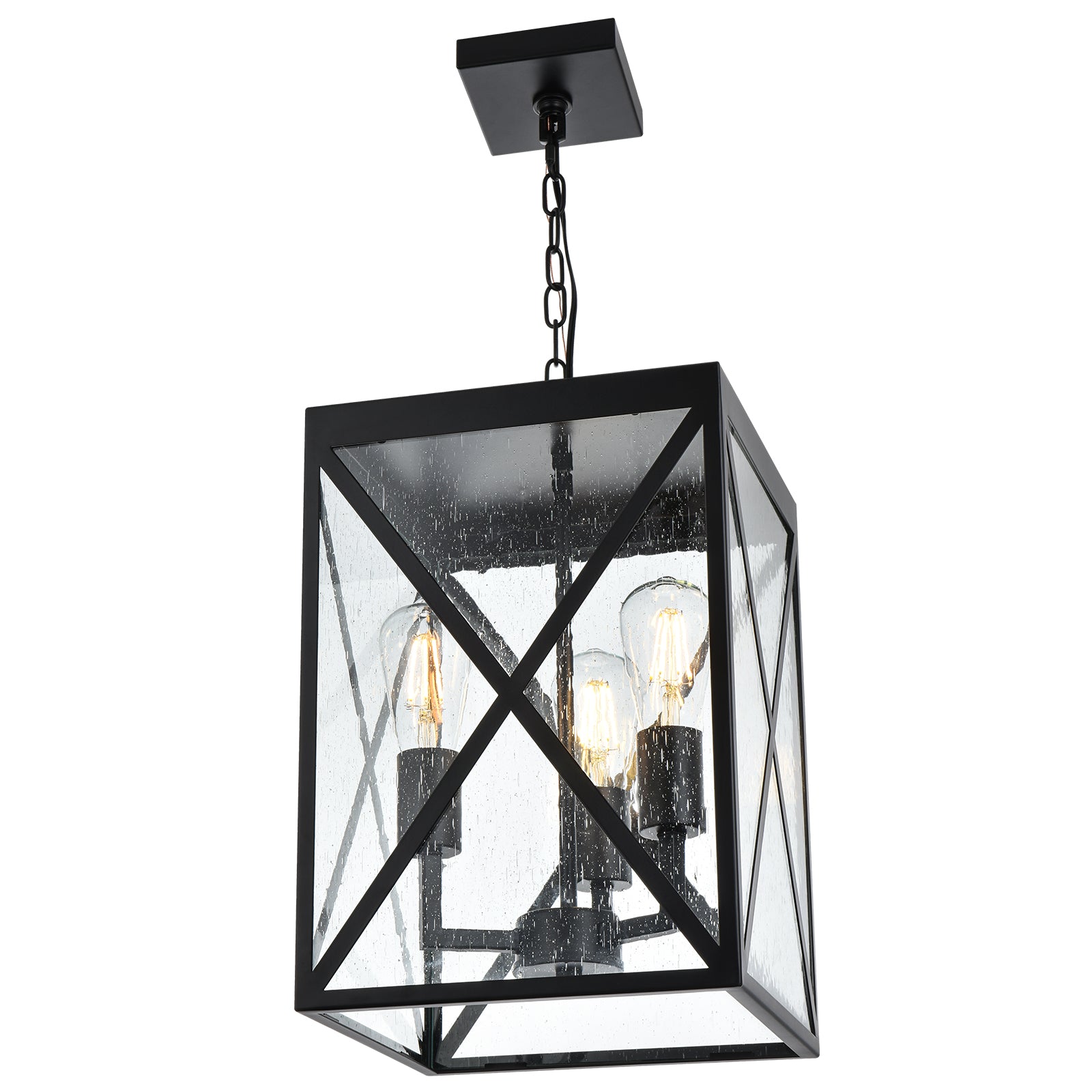 Large Outdoor Pendant Light, Black Exterior Ceiling Porch Light with Seeded Glass Panel, Outdoor Chandelier Hanging Lantern for Garage Entryway Patio Front Door