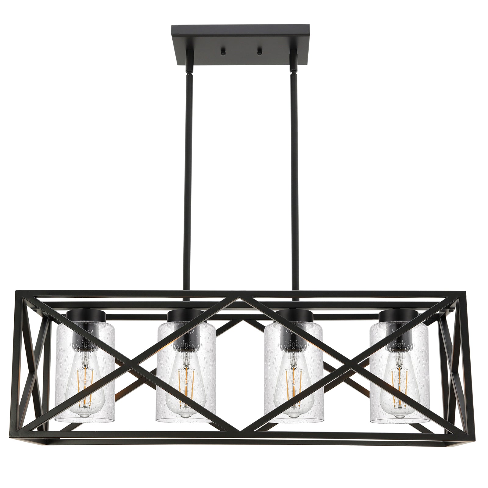4-Lights Black Farmhouse Rectangle Chandelier Dining Room Light Fixtures, 30.4-Inches Length Contemporary Kitchen Island Pendant Lighting with Seeded Glass Lampshades