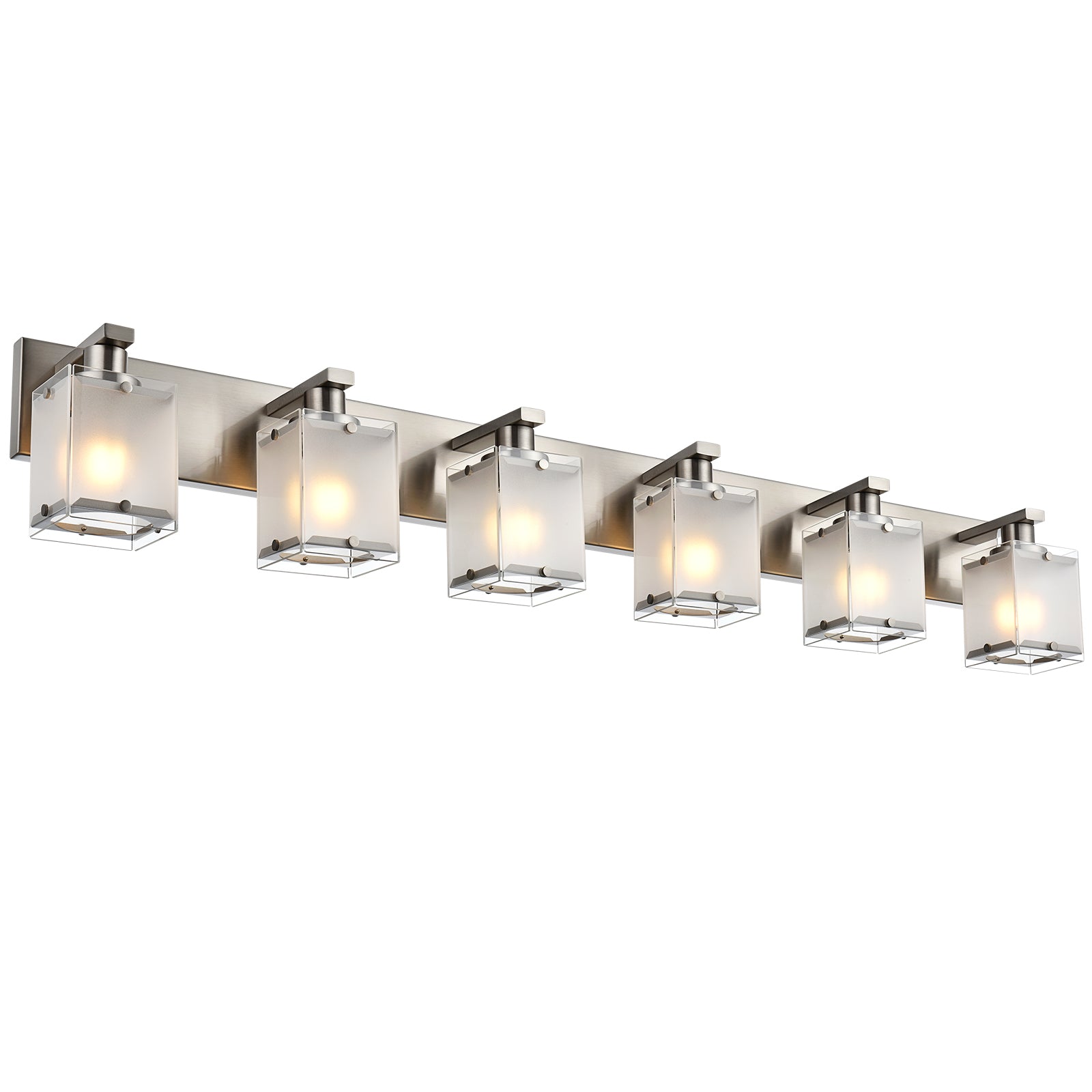 6-Lights Bathroom Light Fixtures, Brushed Nickel Modern Vanity Lights with Rectangular Frosted Glass for Over Mirror Dressing Table, E26 Bulb Base