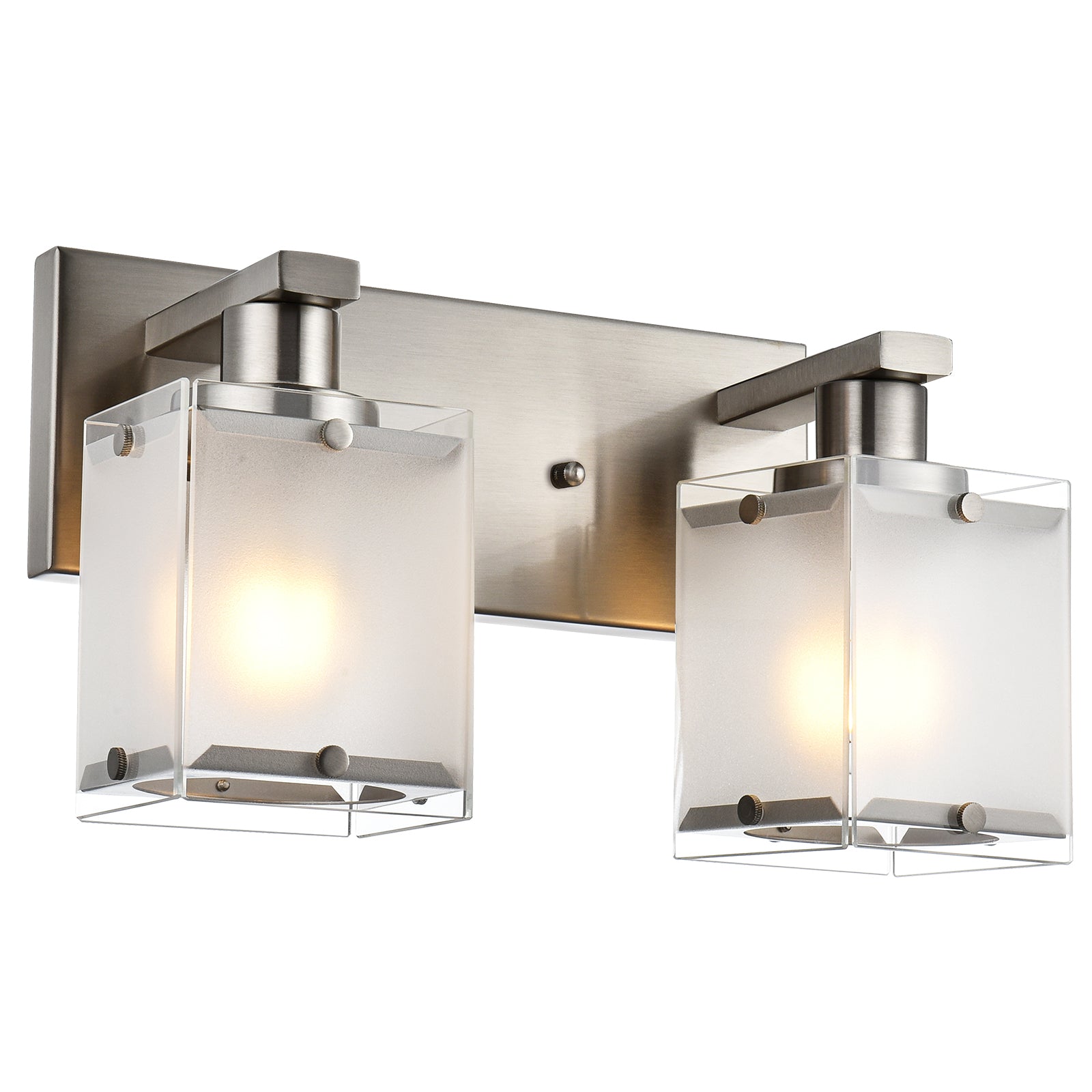 2-Lights Wall Sconce Lighting, Brushed Nickel Bathroom Vanity Light Fixture with Rectangular Frosted Glass for Over Mirror, E26 Bulb Base