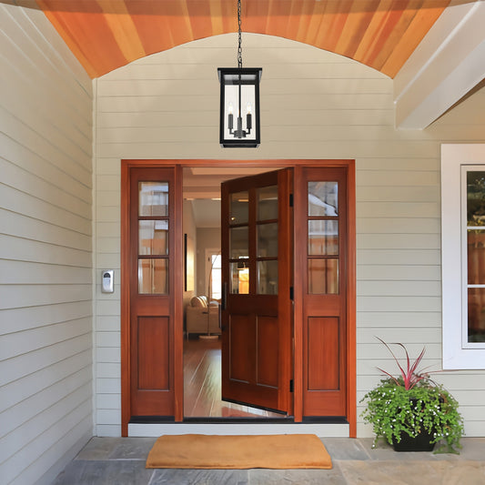 Black Outdoor Pendant Lanern, E12 Candle Chandelier 3-Lights Large Exterior Hanging Light Fixture with Clear Glass Height Adjustable for Indoor Entryway Porch