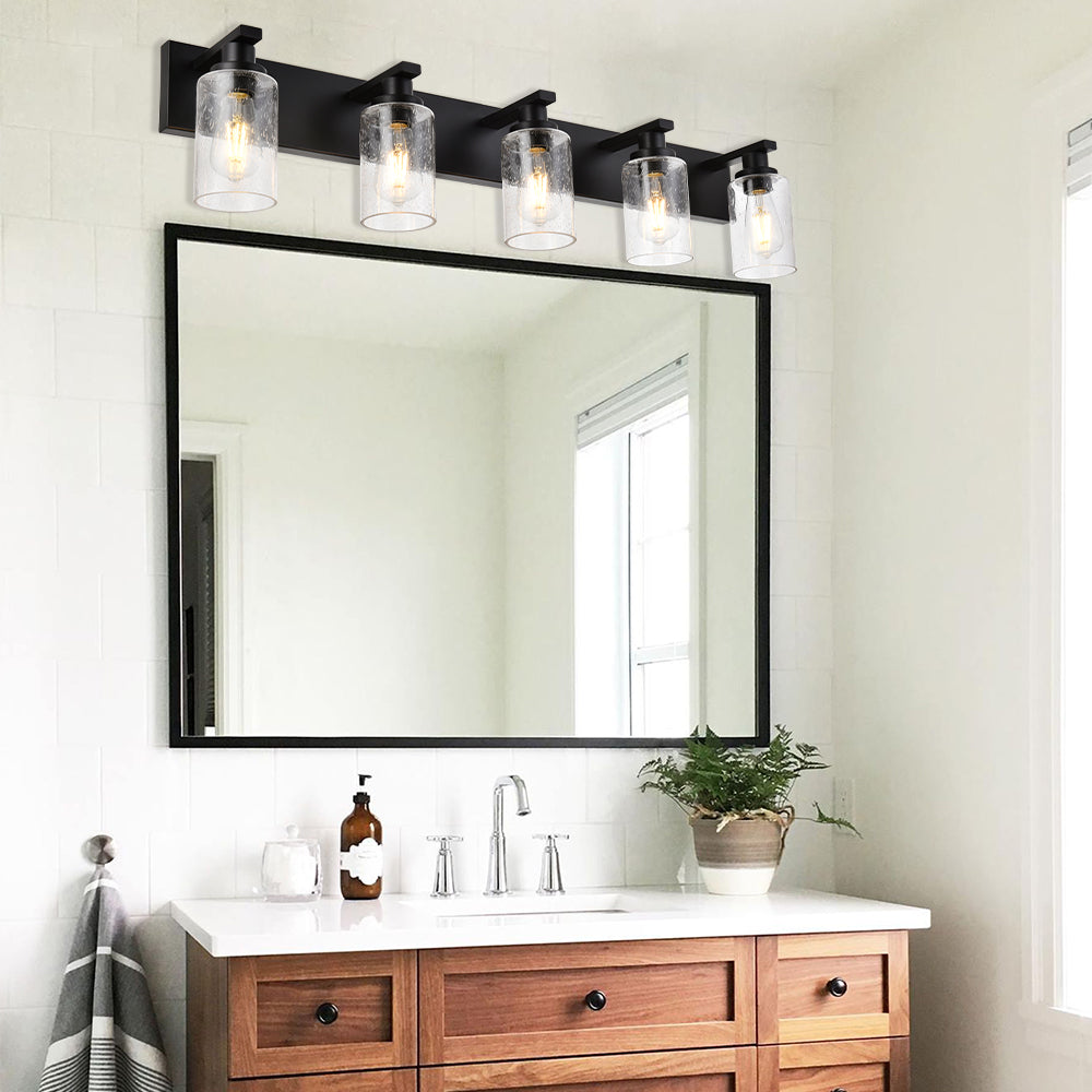 Bathroom Vanity Light Fixtures 5-Lights Seeded Glass Cylinder Shade Modern Farmhouse Wall Sconce Lighting Bath Vanity Lights Over Mirror