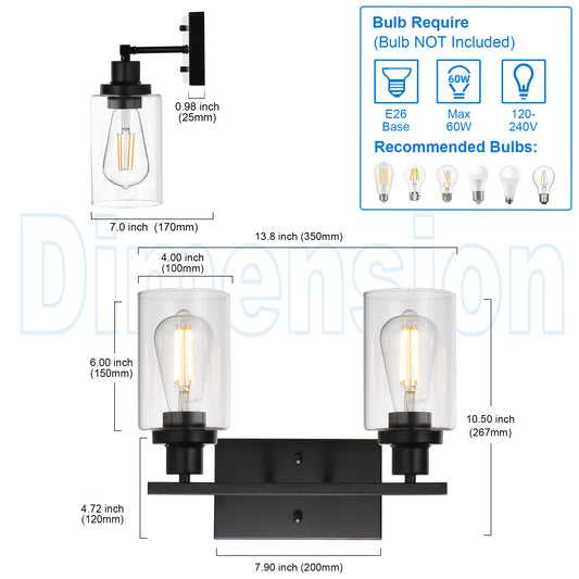 2-Light Black Wall Sconce Industrial Vintage with Clear Glass Shade and Metal Base, Bathroom Vanity Lights Hallway Light Fixture Sconces Wall Lighting