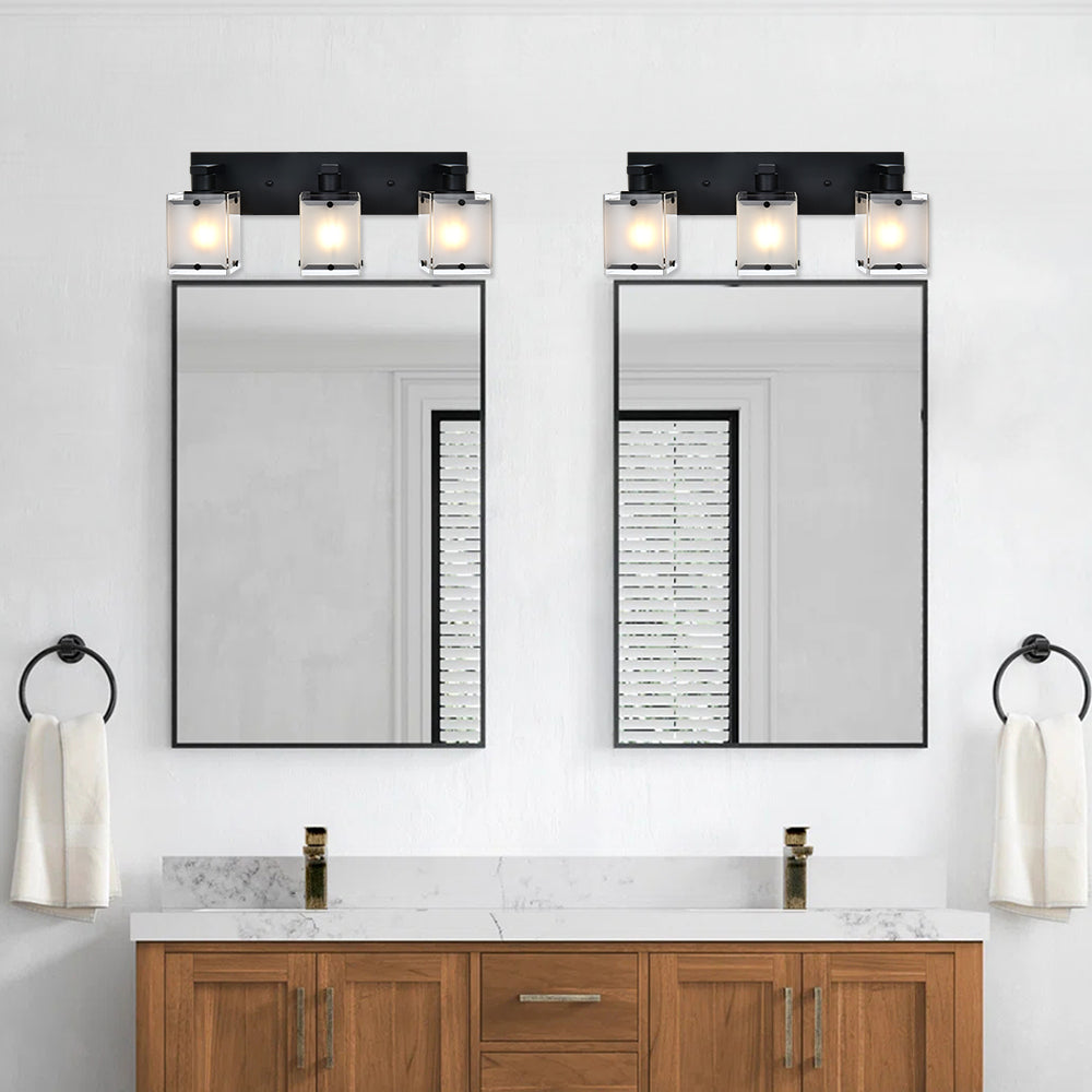 3-Lights Wall Sconce Lighting, Black Bathroom Vanity Light Fixture with Rectangular Frosted Glass for Over Mirror, E26 Bulb Base
