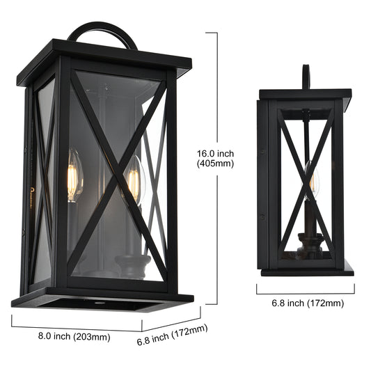 2-Light Exterior Light Fixtures Outdoor Wall Lantern Wall Mount in Black Finish Waterproof Wall Sconce with Clear Glass for Porch Front Door Patio Yard Garage