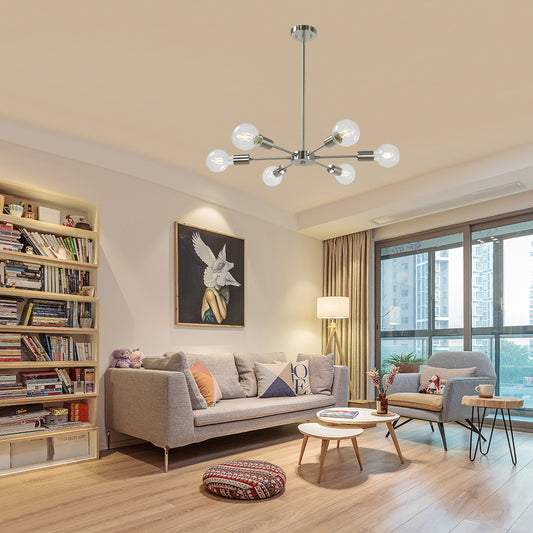 Modern Brushed Nickel Sputnik Chandelier – 6-Light Adjustable Ceiling Fixture for Vaulted Ceilings E26 Bulb Base