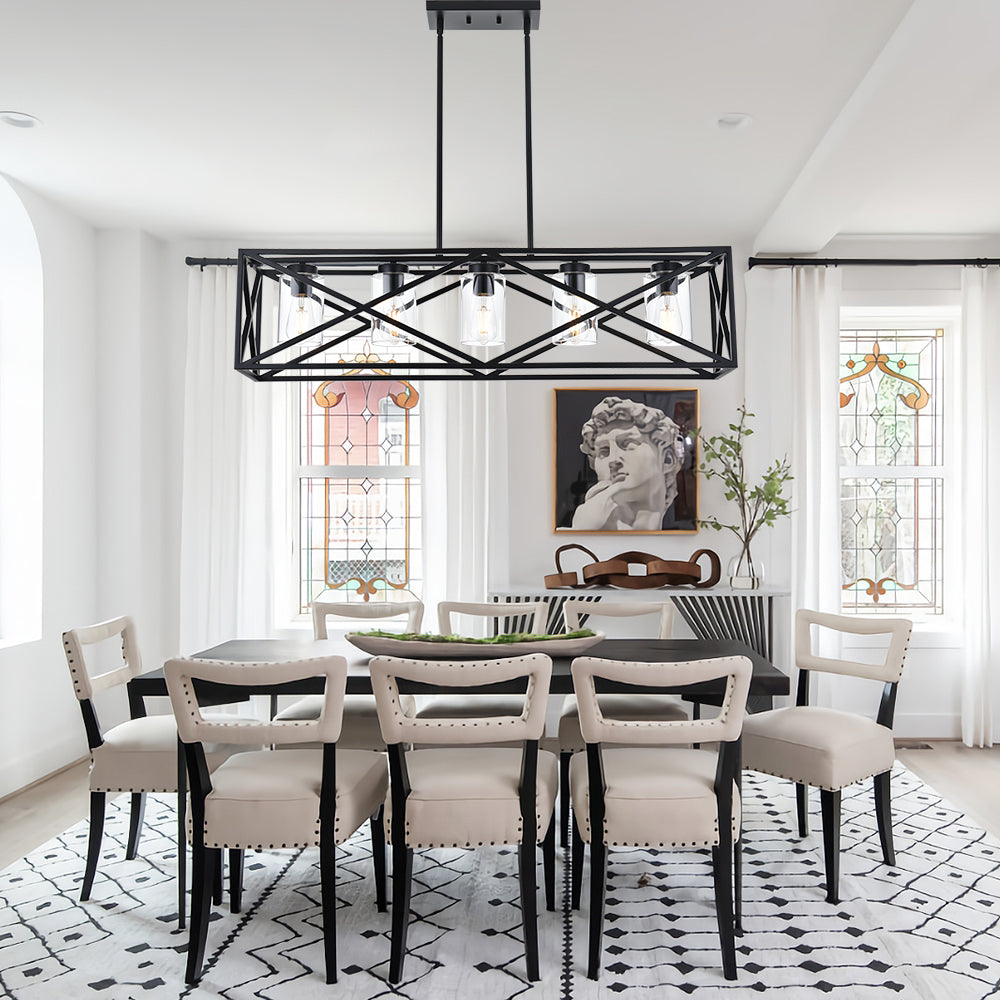 5-Lights Farmhouse Kitchen Island Light in Black Finish, Vintage Rectangular Linear Pendant Lighting Fixtures with Clear Glass Shades for Bar Pool Table