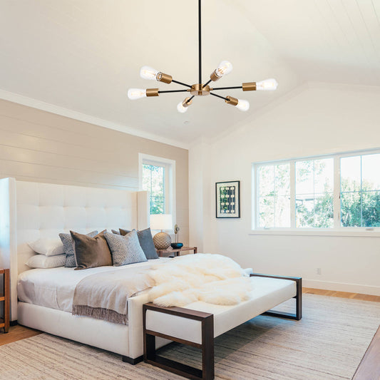 Modern Black Brass Sputnik Chandelier – 6-Light Adjustable Ceiling Fixture for Vaulted Ceilings E26 Bulb Base