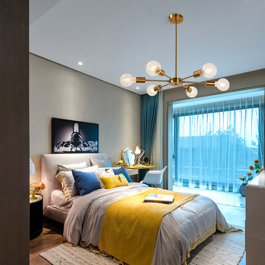 Modern Brass Sputnik Chandelier – 6-Light Adjustable Ceiling Fixture for Vaulted Ceilings E26 Bulb Base