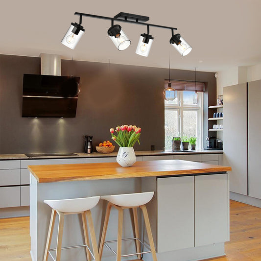 Black Adjustable Track Light Fixture – Modern 4-light Clear Glass Shade Vanity Track Lights with Flexible Heads Wall Mounted
