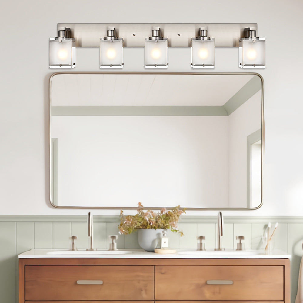5-Lights Bathroom Vanity Lighting Over Mirror, Brushed Nickel Bathroom Wall Light Fixtures with Frosted Rectangular Glass Shade for Bath Living Room, E26 Bulb Base
