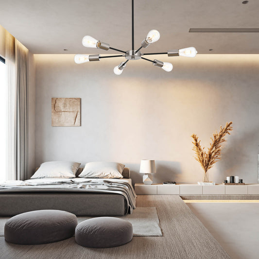 Modern Black Brushed Nickel Sputnik Chandelier – 6-Light Adjustable Ceiling Fixture for Vaulted Ceilings E26 Bulb Base