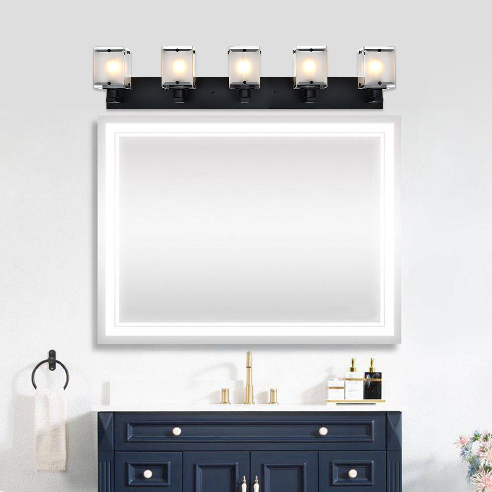 5-Lights Bathroom Light Fixtures, Matte Black Modern Vanity Lights with Rectangular Frosted Glass for Over Mirror Dressing Table, E26 Bulb Base