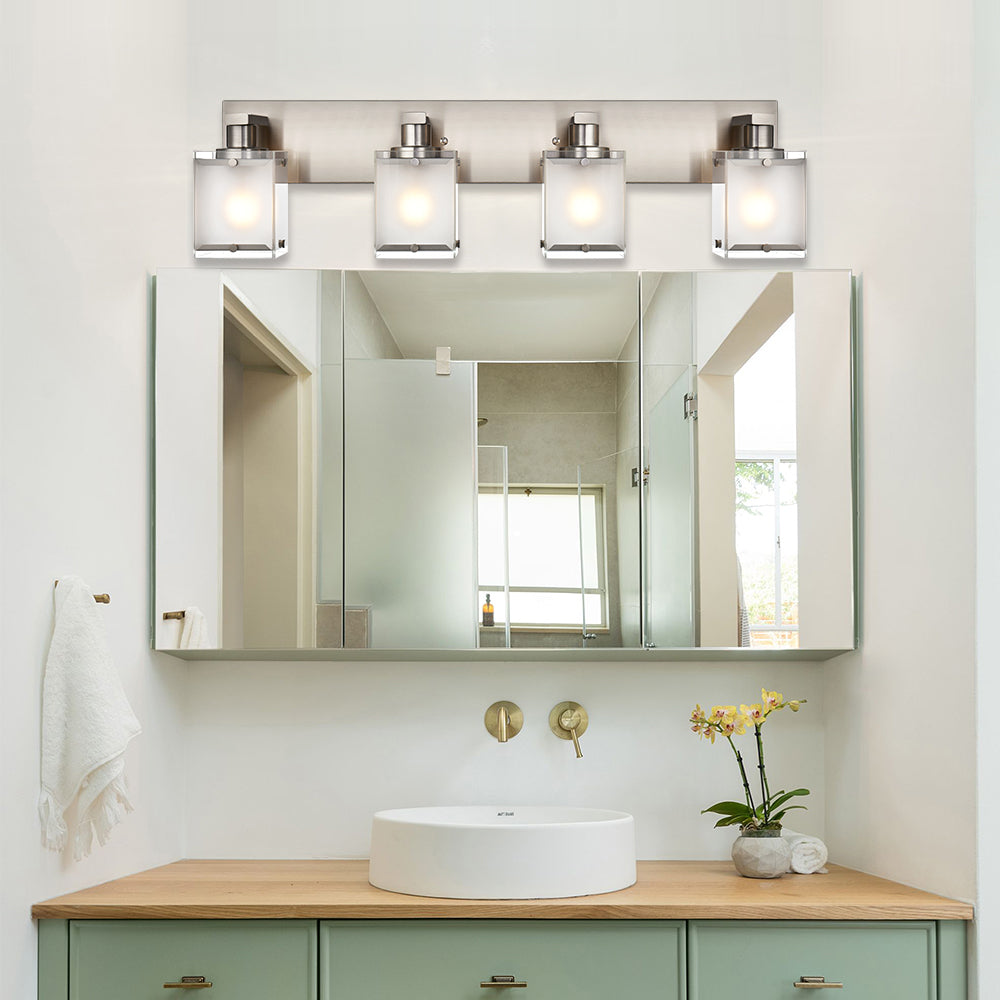 4-Lights Bathroom Vanity Lighting Over Mirror, Brushed Nickel Bathroom Wall Light Fixtures with Frosted Rectangular Glass Shade for Bath Living Room, E26 Bulb Base