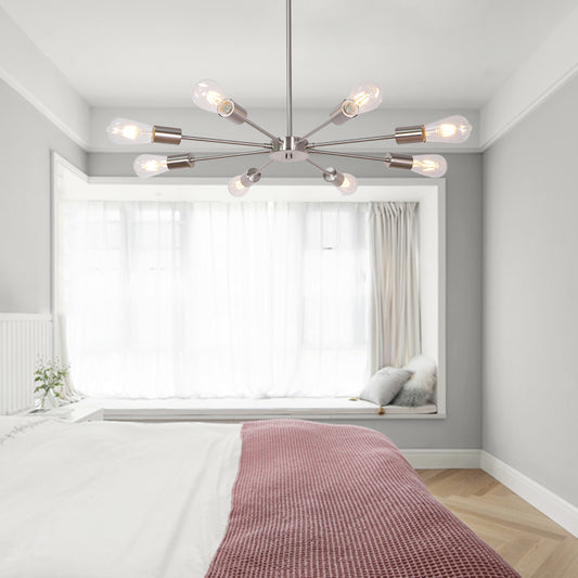 Mid-Century Sputnik Chandelier – Brushed Nickel Durable Metal Finish for Sloped Ceilings 8 Adjustable Lights