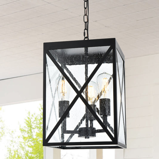 Large Outdoor Pendant Light, Black Exterior Ceiling Porch Light with Seeded Glass Panel, Outdoor Chandelier Hanging Lantern for Garage Entryway Patio Front Door