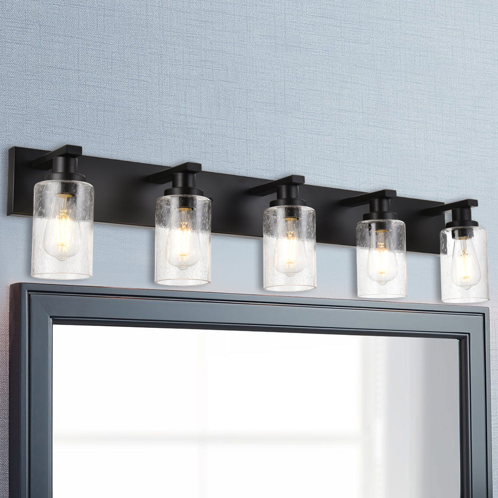 Bathroom Vanity Light Fixtures 5-Lights Seeded Glass Cylinder Shade Modern Farmhouse Wall Sconce Lighting Bath Vanity Lights Over Mirror