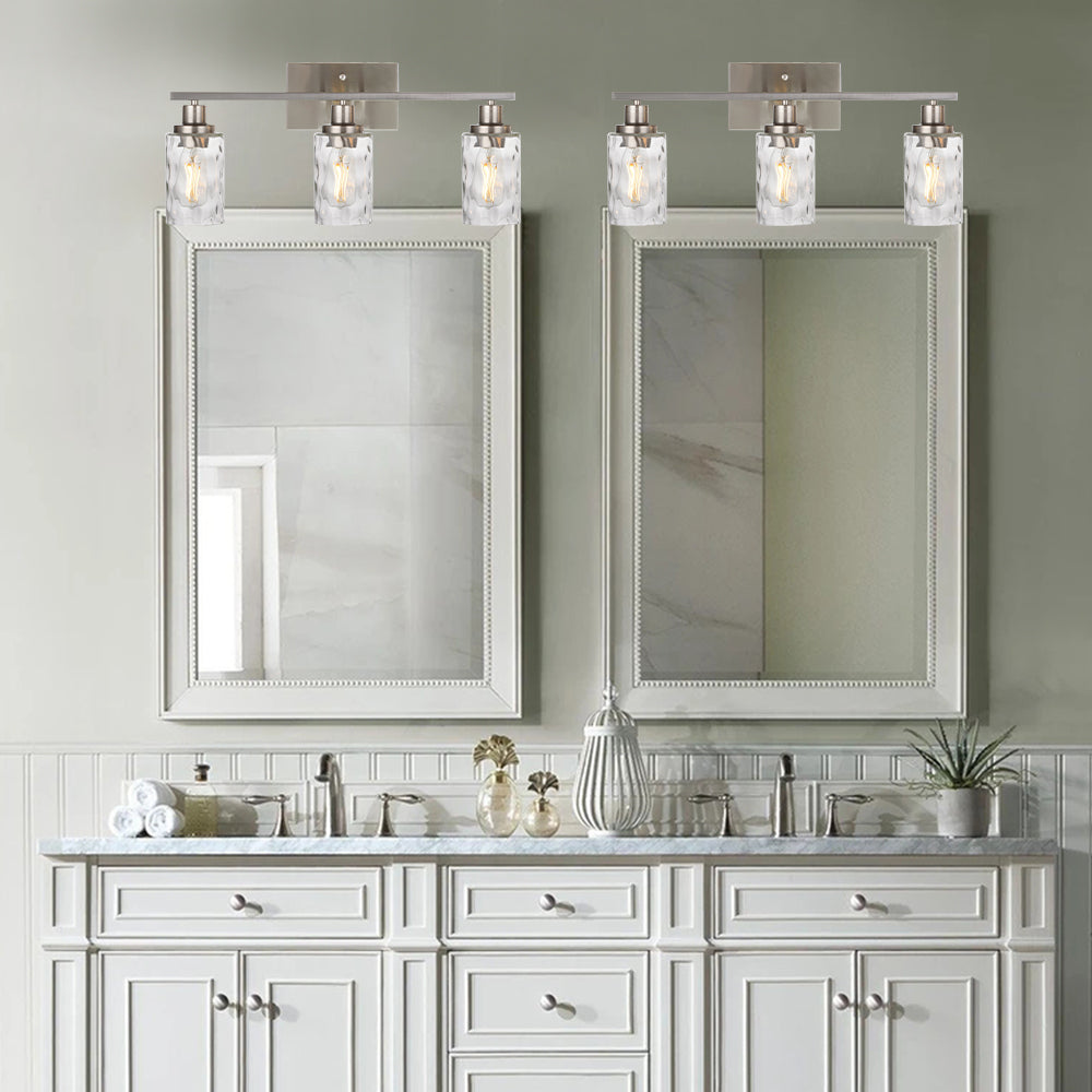 3-Light Bathroom Lights Modern Vanity Lights Brushed Nickel Finish with Hammered Glass Shade, Industrial Wall Light Fixture for Bedroom Living Room Kitchen