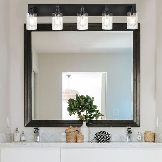 Bathroom Vanity Light Fixtures 5-Lights Seeded Glass Cylinder Shade Modern Farmhouse Wall Sconce Lighting Bath Vanity Lights Over Mirror