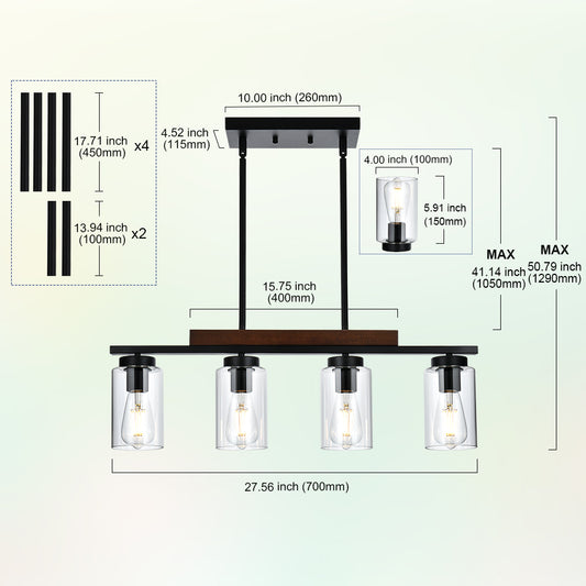 4-Lights Farmhouse Pendant Lights Fixtures Ceiling Hanging, Modern Black Kitchen Island Lighting with Clear Glass Lampshades & Wood Frame