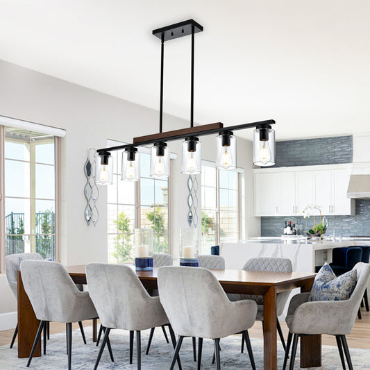 Kitchen Island Lighting, 6-Lights Black Dining Room Light Fixtures Over Table, Farmhouse Linear Chandelier with Clear Glass Shades & Wood Frame