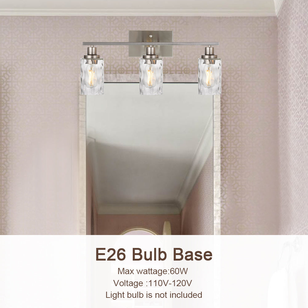 3-Light Bathroom Lights Modern Vanity Lights Brushed Nickel Finish with Hammered Glass Shade, Industrial Wall Light Fixture for Bedroom Living Room Kitchen