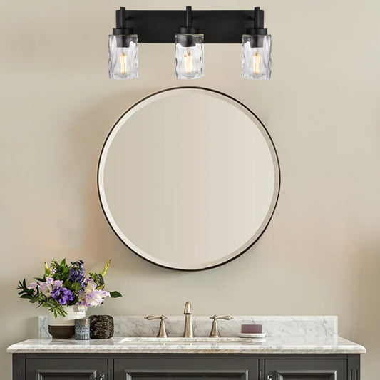 Vanity Light Fixtures 3 Light Modern Wall Sconces Lighting Black Bathroom Lights Wall Mounted with Hammered Glass Shade,Farmhouse Wall Light for Mirror Cabinets, Powder Room, Dressing Table