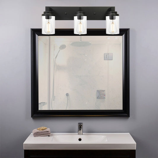 Vintage Bathroom Lighting Fixtures Over Mirror, 3-Light Modern Vanity Lights Black Finish Industrial Wall Sconce with Clear Glass Shade