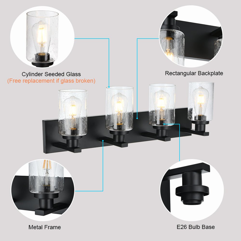Bathroom Vanity Light Fixtures 4-Lights Seeded Glass Cylinder Shade Modern Farmhouse Wall Sconce Lighting Bath Vanity Lights Over Mirror