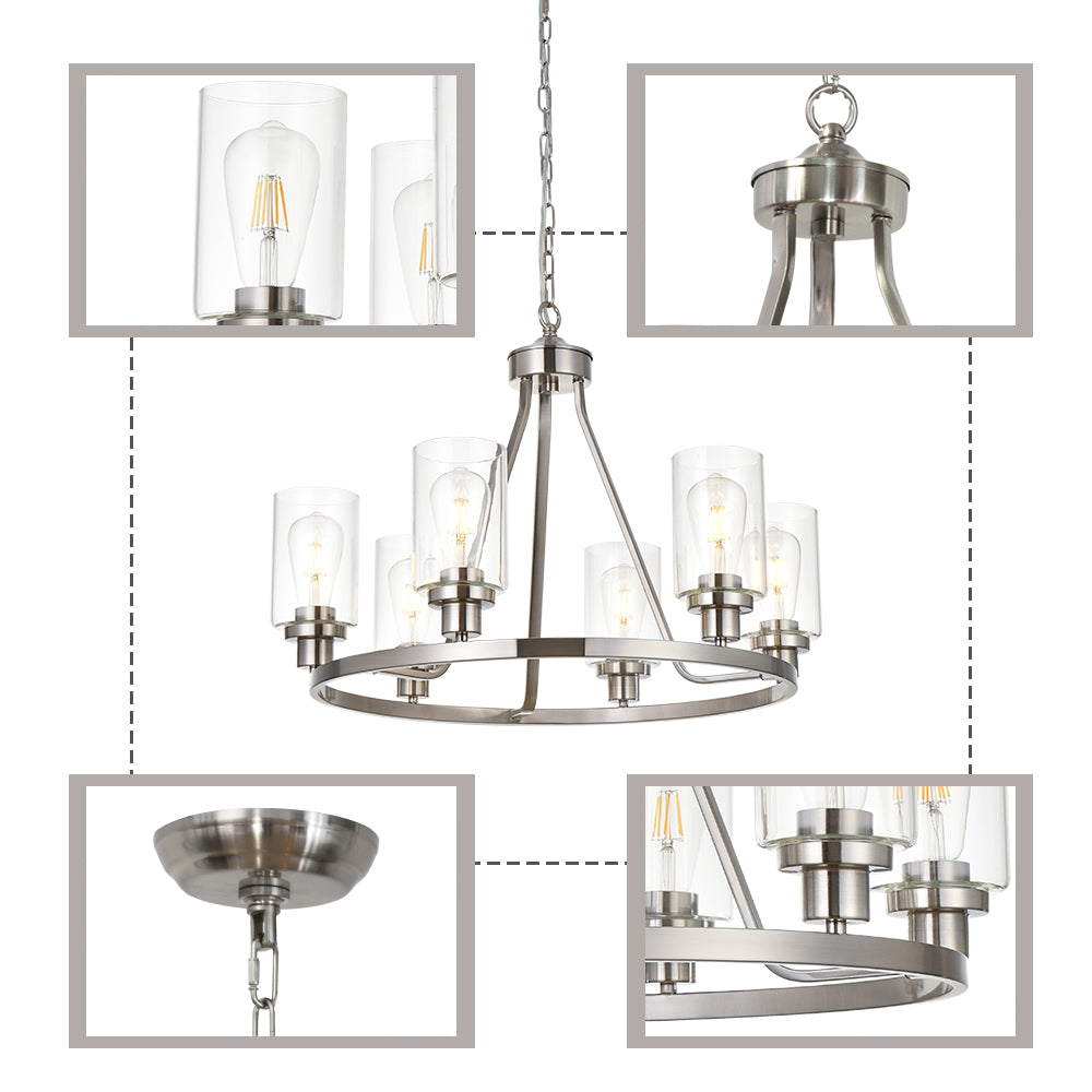 6 Lights Round Chandelier Brushed Nickel Island Lighting Dining Room Lighting Fixtures Hanging Glass Pendant Light for Kitchen Living Room Bedroom