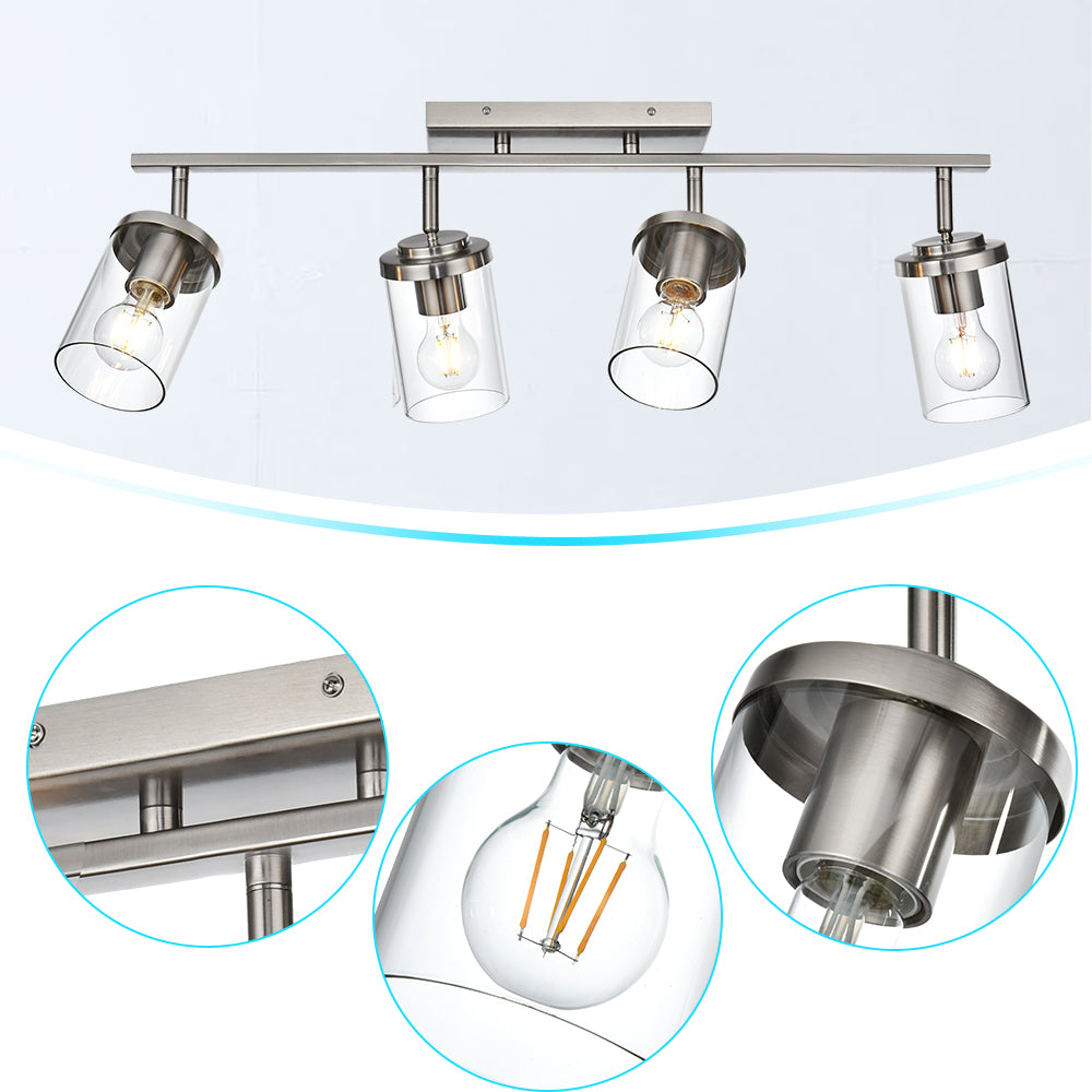 Brushed Nickel Adjustable Track Light Fixture – Modern 4-light Clear Glass Shade Vanity Track Lights with Flexible Heads Wall Mounted