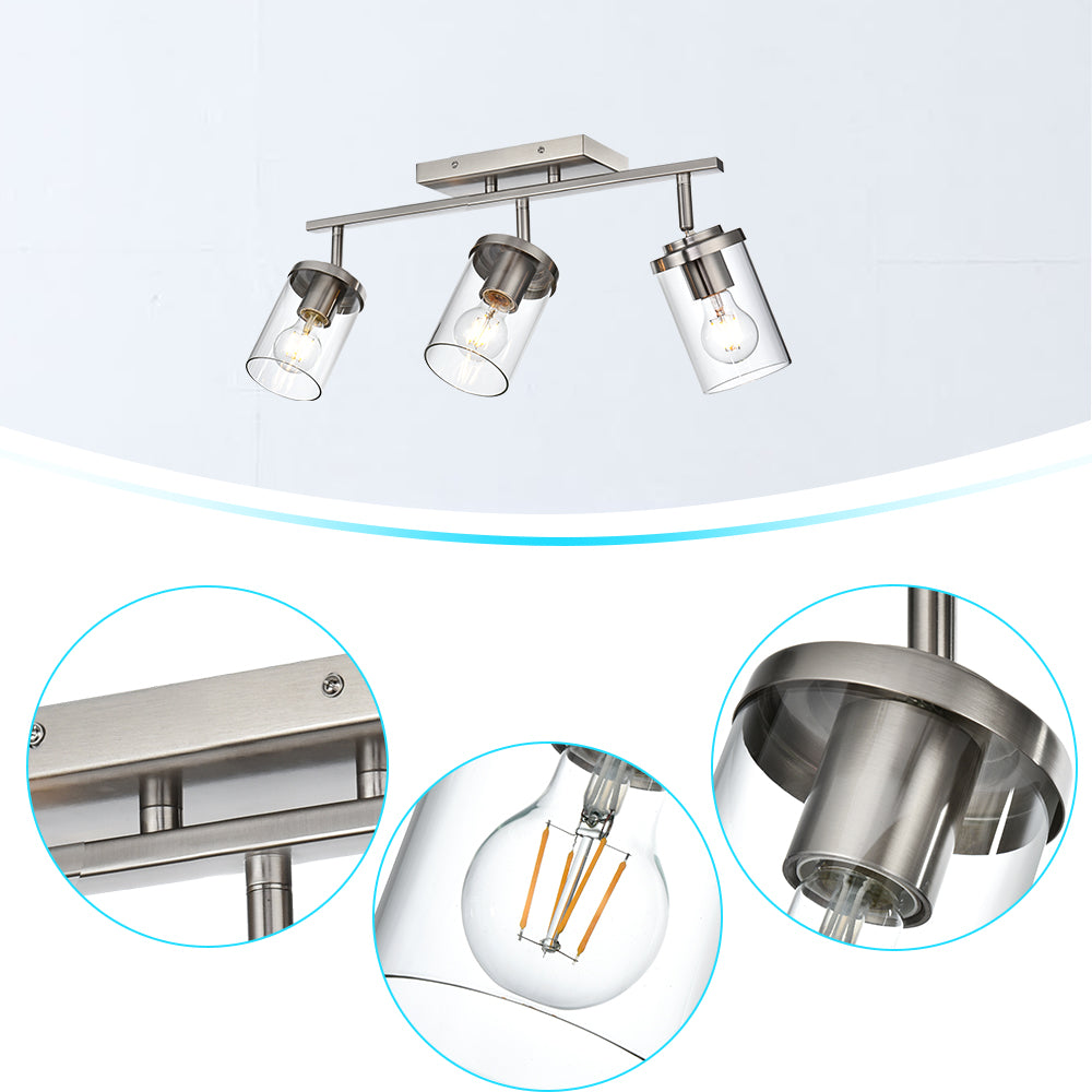Brushed Nickel Adjustable Track Light Fixture – Modern 3-light Clear Glass Shade Vanity Track Lights with Flexible Heads Wall Mounted
