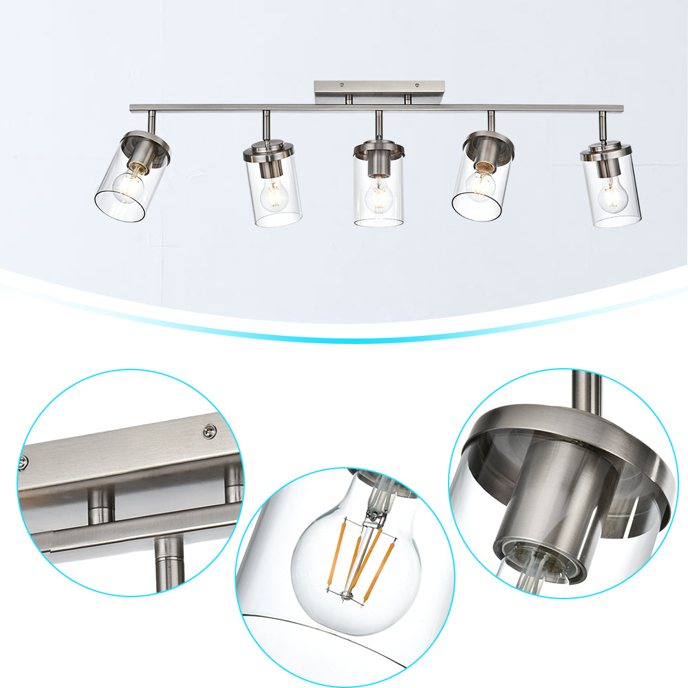 Brushed Nickel Adjustable Track Light Fixture – Modern 5-light Clear Glass Shade Vanity Track Lights with Flexible Heads Wall Mounted