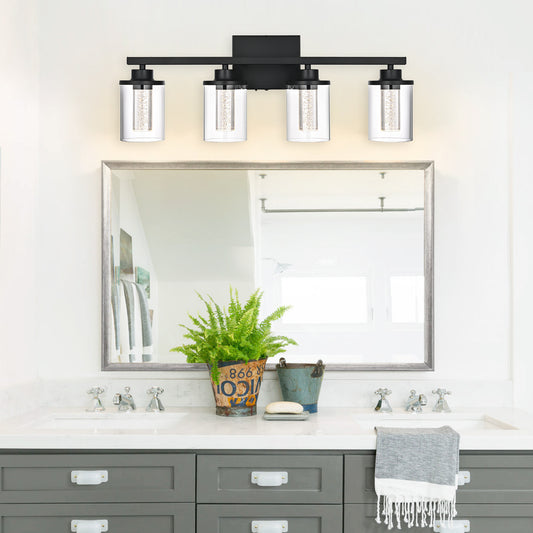 Modern Bubble Crystal 4-Light Vanity Light – 5CCT LED Black Wall Sconce, Adjustable Bulb Orientation, Round Glass & Cylindrical Crystal Shade for Bathroom Glamour