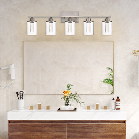 Modern Bubble Crystal 5-Light Vanity Light – 5CCT Adjustable LED Wall Sconce Cylindrical Clear Shade Wall Lights for Bathroom Glamour