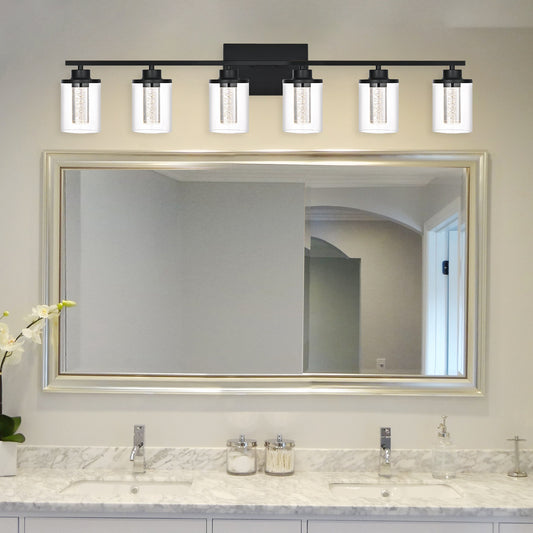 Modern Bubble Crystal 6-Light Vanity Light – 5CCT Adjustable Black LED Wall Sconce Cylindrical Clear Shade Wall Lights for Bathroom Glamour