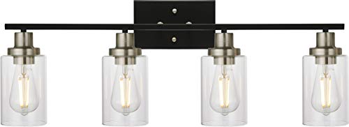 4-Light Modern Vanity Lights with Clear Glass Shade, Black Bathroom Lighting Fixtures Over Mirror Brushed Nickel Wall Mount Lamp for Bedroom Vanity Table Mirror Cabinets