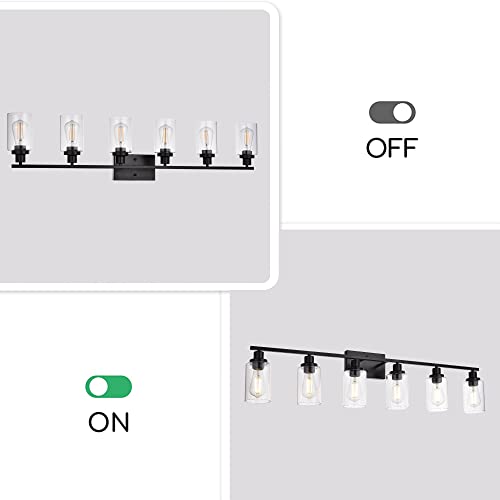 Black Vanity Light Fixture 6-Light Industrial Metal Wall Sconce Bathroom Lighting for Bedroom Hallway Kitchen, Clear Glass Shade Included