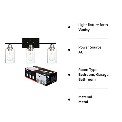 Modern Bathroom Lighting with Clear Glass Shade, 3-Light Black Vanity Light Wall Mount Lamp for Bedroom Vanity Table Bathroom Dressing Table, Brushed Nickel Finish Socket
