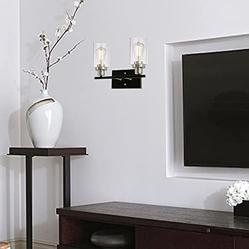 Modern Bathroom Light Fixtures 2-Light Matte Black Vanity Light with Clear Glass Shade for Stair Entryway Hallway, Brushed Nickel Socket