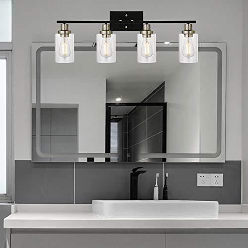 4-Light Modern Vanity Lights with Clear Glass Shade, Black Bathroom Lighting Fixtures Over Mirror Brushed Nickel Wall Mount Lamp for Bedroom Vanity Table Mirror Cabinets