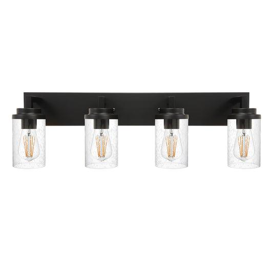 Bathroom Vanity Light, 4-Light Modern Wall Mount Light Fixture Black, Farmhouse Bath Lighting Over Mirror with Seeded Glass Shade for Powder Room Living Room Kitchen, 31.0 Inches Length