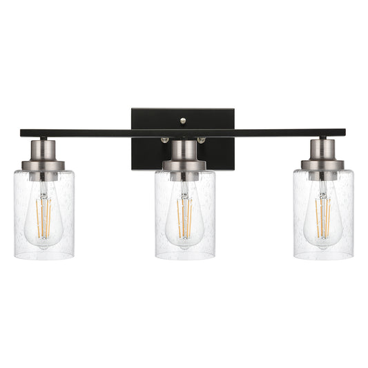 3 Lights Vanity Lights for Bathroom 23.6 Inches, Wall Mounted Light Fixture Farmhouse Bathroom Light Fixtures with Seeded Glass Shade, Black and Brushed Nickel Finish