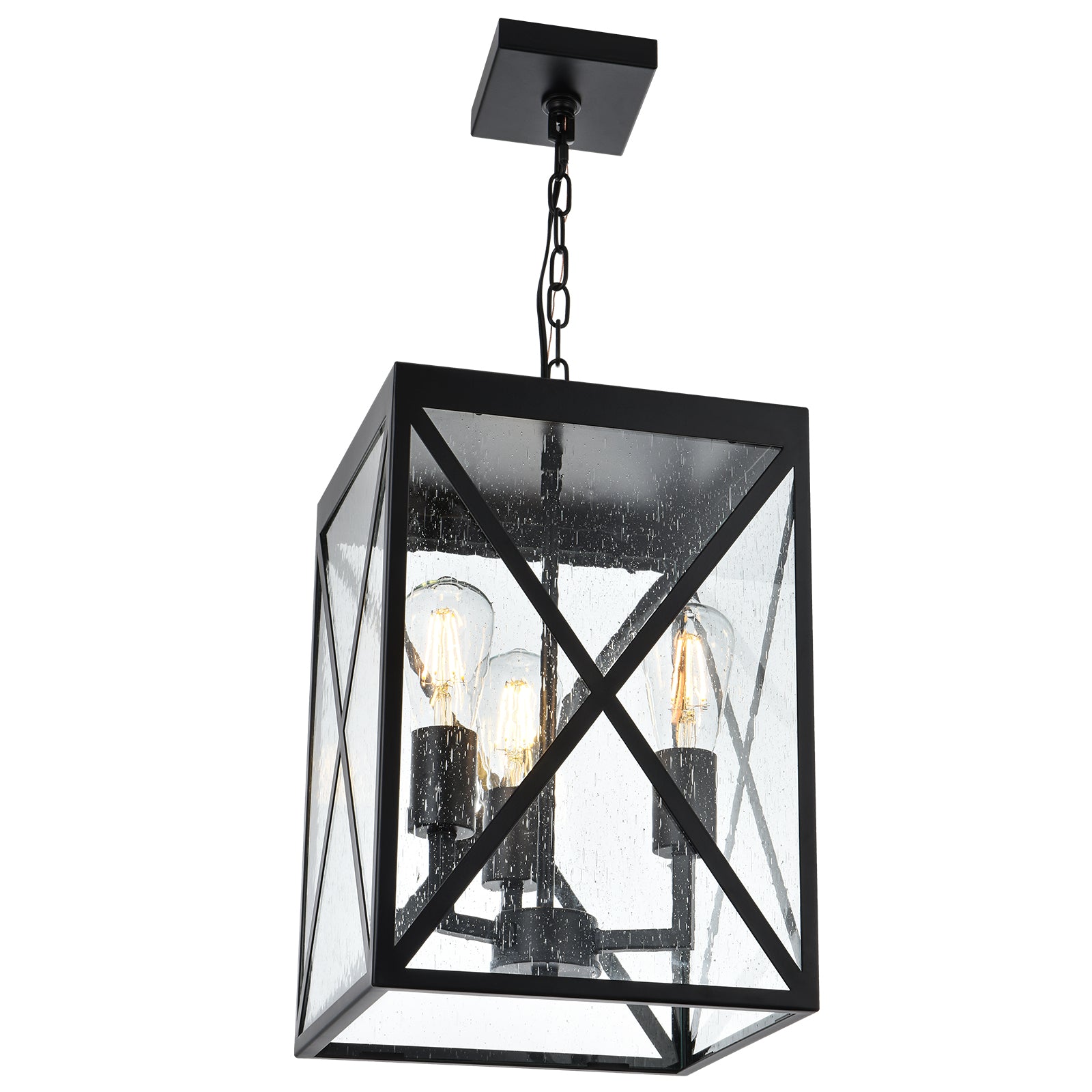 Large Outdoor Pendant Light, Black Exterior Ceiling Porch Light with Seeded Glass Panel, Outdoor Chandelier Hanging Lantern for Garage Entryway Patio Front Door